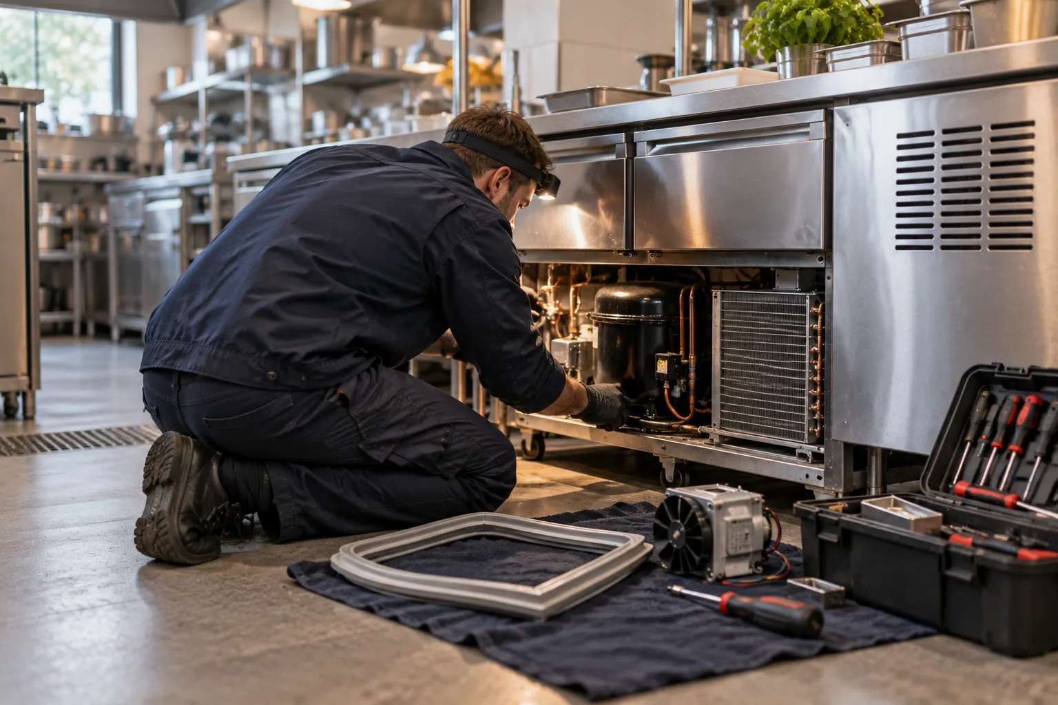 Servicetekniker arbejder på et køleaggregat
